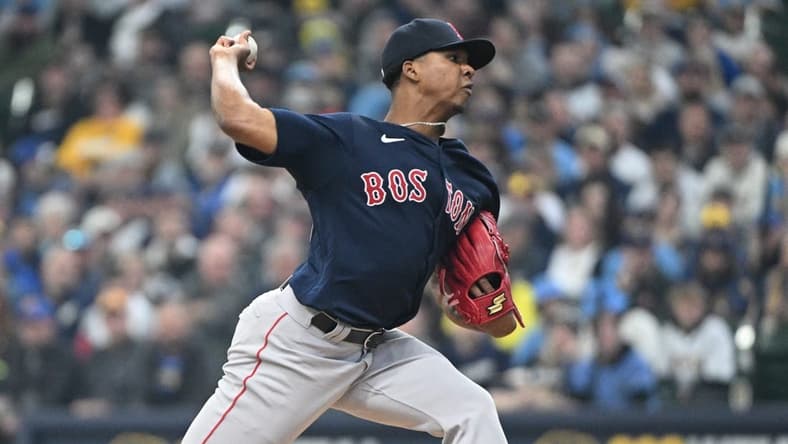 Apr 23, 2023; Milwaukee, Wisconsin, USA; Boston Red Sox starting pitcher Brayan Bello (66) delivers against the Milwaukee Brewers in the first inning at American Family Field. Mandatory Credit: Michael McLoone-USA TODAY Sports