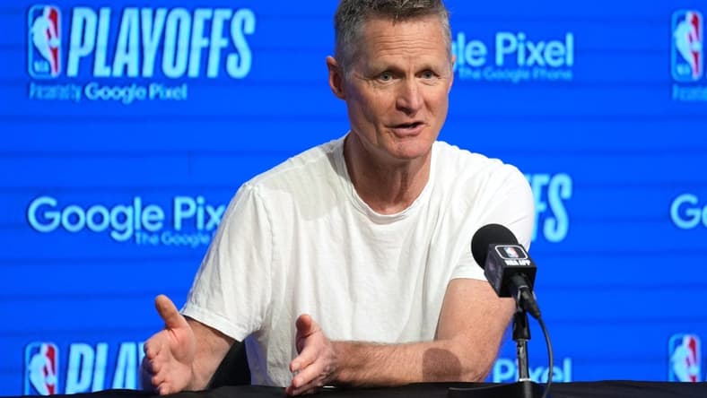 Apr 23, 2023; San Francisco, California, USA; Golden State Warriors head coach Steve Kerr talks to media members before game four of the 2023 NBA playoffs against the Sacramento Kings at Chase Center. Mandatory Credit: Darren Yamashita-USA TODAY Sports