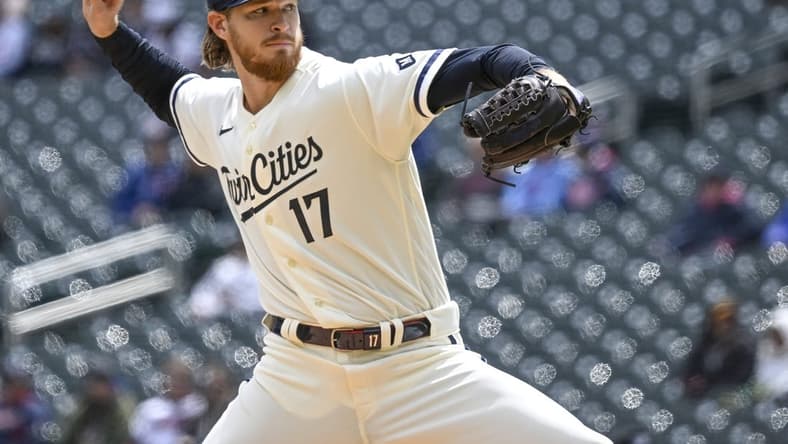 Apr 23, 2023; Minneapolis, Minnesota, USA;  Minnesota Twins pitcher Bailey Ober (17) delivers against the Washington Nationals at Target Field. Mandatory Credit: Nick Wosika-USA TODAY Sports