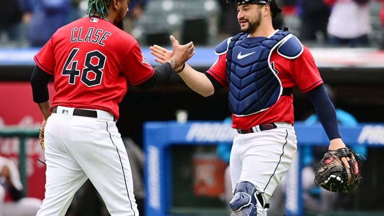 Apr 23, 2023; Cleveland, Ohio, USA; Cleveland Guardians relief pitcher Emmanuel Clase (48) celebrates with catcher Mike Zunino (10) after the Guardians beat the Miami Marlins at Progressive Field. Mandatory Credit: Ken Blaze-USA TODAY Sports