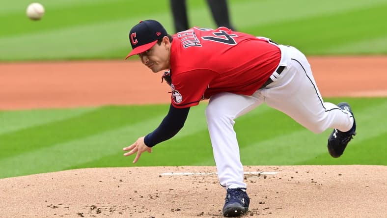 Apr 23, 2023; Cleveland, Ohio, USA; Cleveland Guardians pitcher Logan Allen (41) throws a pitch during the first inning against the Miami Marlins at Progressive Field. Mandatory Credit: Ken Blaze-USA TODAY Sports