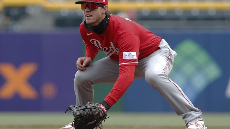 Apr 23, 2023; Pittsburgh, Pennsylvania, USA;  Cincinnati Reds first baseman Wil Myers (4) in the field against the Pittsburgh Pirates during the fourth inning at PNC Park. Mandatory Credit: Charles LeClaire-USA TODAY Sports