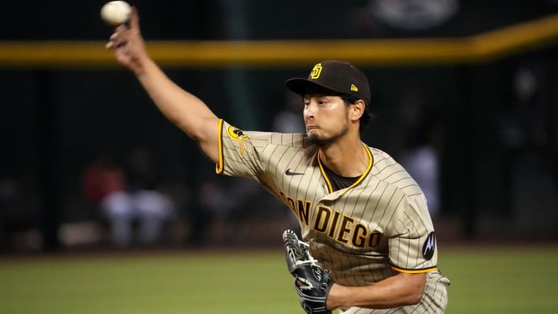 Apr 23, 2023; Phoenix, Arizona, USA; San Diego Padres starting pitcher Yu Darvish (11) pitches against the Arizona Diamondbacks during the first inning at Chase Field. Mandatory Credit: Joe Camporeale-USA TODAY Sports