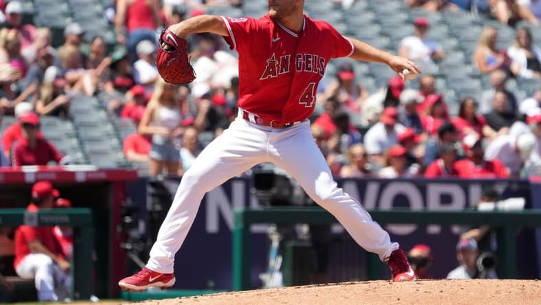 Apr 23, 2023; Anaheim, California, USA; Los Angeles Angels starting pitcher Reid Detmers (48) throws during the third inning against the Kansas City Royals at Angel Stadium. Mandatory Credit: Kirby Lee-USA TODAY Sports