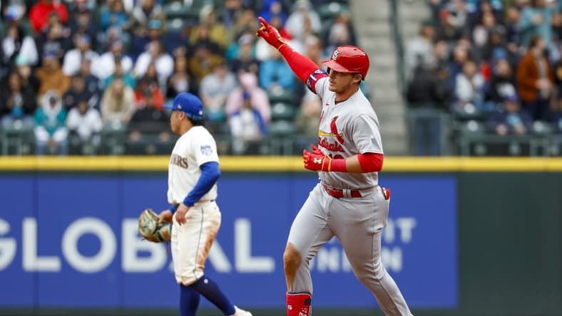 Apr 23, 2023; Seattle, Washington, USA; St. Louis Cardinals second baseman Nolan Gorman (16) runs the bases after hitting a three-run home run against the Seattle Mariners during the fourth inning at T-Mobile Park. Mandatory Credit: Joe Nicholson-USA TODAY Sports