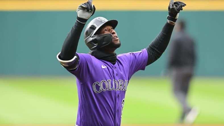 Apr 24, 2023; Cleveland, Ohio, USA; Colorado Rockies left fielder Jurickson Profar (29) celebrates after hitting a home run during the first inning against the Cleveland Guardians at Progressive Field. Mandatory Credit: Ken Blaze-USA TODAY Sports