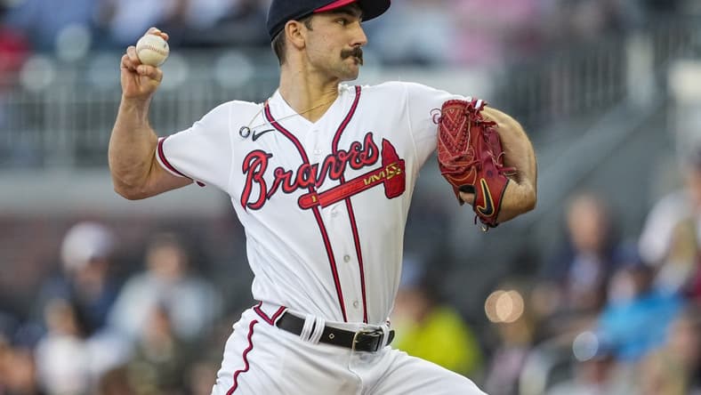 Apr 24, 2023; Cumberland, Georgia, USA; Atlanta Braves starting pitcher Spencer Strider (99) pitches against the Miami Marlins during the first inning at Truist Park. Mandatory Credit: Dale Zanine-USA TODAY Sports