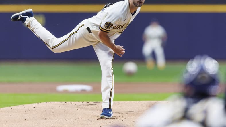 Apr 24, 2023; Milwaukee, Wisconsin, USA;  Milwaukee Brewers pitcher Colin Rea (48) throws a pitch during the first inning against the Detroit Tigers at American Family Field. Mandatory Credit: Jeff Hanisch-USA TODAY Sports