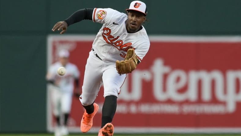 Apr 24, 2023; Baltimore, Maryland, USA; Baltimore Orioles shortstop Jorge Mateo (3) fields  Boston Red Sox shortstop Enrique Hernandez (not pictured) ground ball dueling the third inning  at Oriole Park at Camden Yards. Mandatory Credit: Tommy Gilligan-USA TODAY Sports