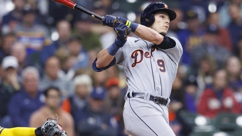 Apr 24, 2023; Milwaukee, Wisconsin, USA;  Detroit Tigers third baseman Nick Maton (9) hits a home run during the third inning against the Milwaukee Brewers at American Family Field. Mandatory Credit: Jeff Hanisch-USA TODAY Sports