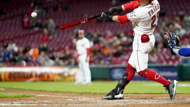 Cincinnati Reds center fielder TJ Friedl (29) hits a walk-off single to score Cincinnati Reds second baseman Jonathan India (6) (not pictured) in the ninth inning during a baseball game between the Texas Rangers at the Cincinnati Reds,, Monday, April 24, 2023, at Great American Ball Park in Cincinnati. The Cincinnati Reds won, 7-6.

Texas Rangers At Cincinnati Reds April 24 328