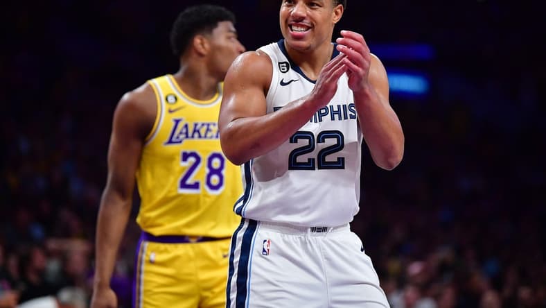Apr 24, 2023; Los Angeles, California, USA; Memphis Grizzlies guard Desmond Bane (22) reacts after scoring a basket against the Los Angeles Lakers during the second half in game four of the 2023 NBA playoffs at Crypto.com Arena. Mandatory Credit: Gary A. Vasquez-USA TODAY Sports