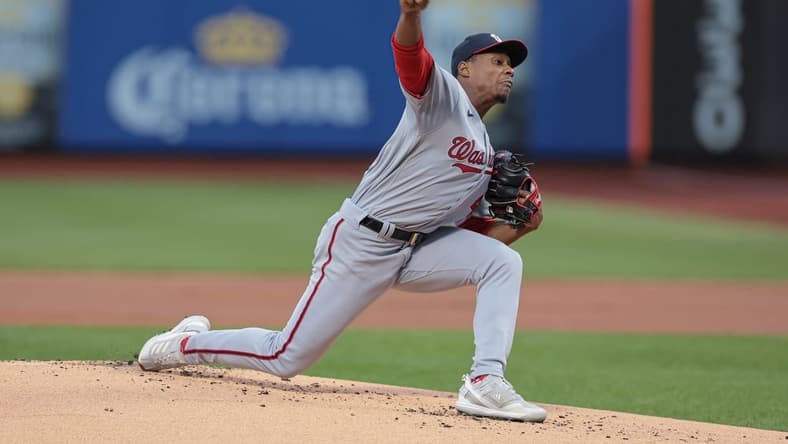 Apr 25, 2023; New York City, New York, USA; Washington Nationals starting pitcher Josiah Gray (40) delivers a pitch during the first inning against the New York Mets at Citi Field. Mandatory Credit: Vincent Carchietta-USA TODAY Sports