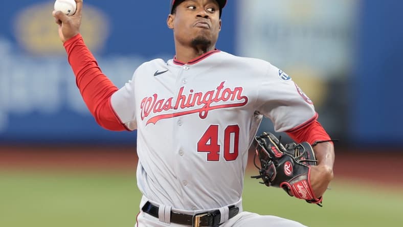 Apr 25, 2023; New York City, New York, USA; Washington Nationals starting pitcher Josiah Gray (40) delivers a pitch during the first inning against the New York Mets at Citi Field. Mandatory Credit: Vincent Carchietta-USA TODAY Sports