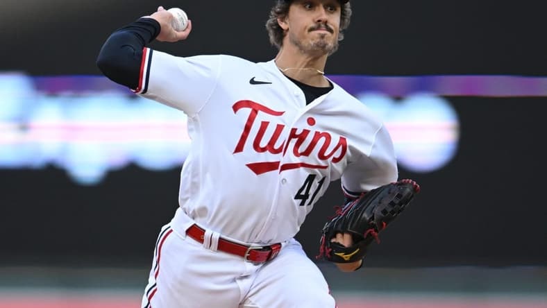 Apr 25, 2023; Minneapolis, Minnesota, USA; Minnesota Twins starting pitcher Joe Ryan (41) throws a pitch against the New York Yankees during the first inning at Target Field. Mandatory Credit: Jeffrey Becker-USA TODAY Sports