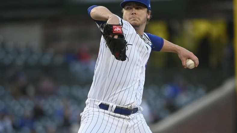 Apr 25, 2023; Chicago, Illinois, USA;  Chicago Cubs starting pitcher Justin Steele (35) delivers against the San Diego Padres during the first inning at Wrigley Field. Mandatory Credit: Matt Marton-USA TODAY Sports