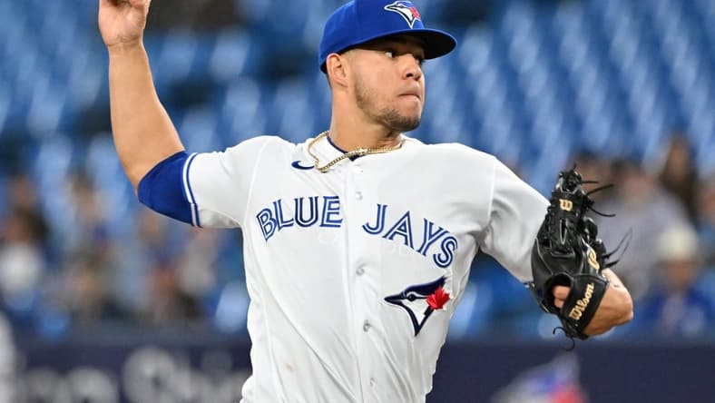 Apr 25, 2023; Toronto, Ontario, CAN;  Toronto Blue Jays starting pitcher Jose Berrios (17) delivers a pitch against the Chicago White Sox in the first inning at Rogers Centre. Mandatory Credit: Dan Hamilton-USA TODAY Sports
