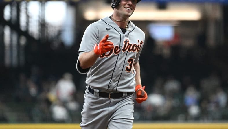 Apr 25, 2023; Milwaukee, Wisconsin, USA; Detroit Tigers right fielder Kerry Carpenter (30) rounds the bases after hitting a home run against the Milwaukee Brewers in the second inning at American Family Field. Mandatory Credit: Michael McLoone-USA TODAY Sports