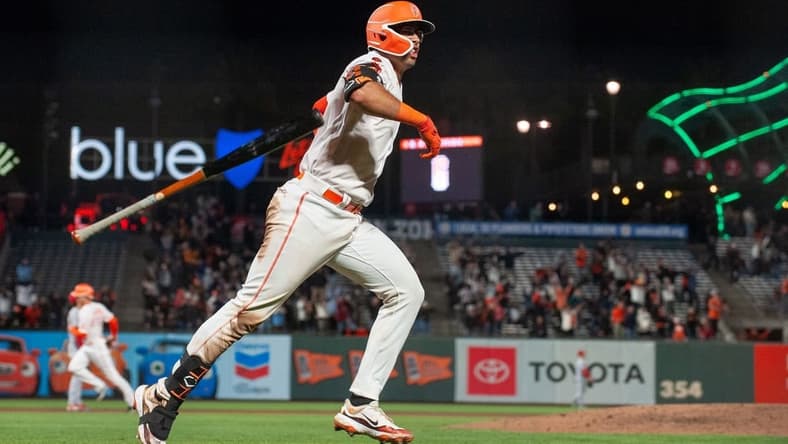 Apr 25, 2023; San Francisco, California, USA;  San Francisco Giants catcher Blake Sabol (2) motions to the crowd after hitting a walk off home run during the ninth inning against the St. Louis Cardinals at Oracle Park. Mandatory Credit: Ed Szczepanski-USA TODAY Sports