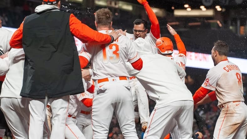 Apr 25, 2023; San Francisco, California, USA;  San Francisco Giants catcher Blake Sabol (2) celebrates with teammates after hitting a walk off home run during the ninth inning against the St. Louis Cardinals at Oracle Park. Mandatory Credit: Ed Szczepanski-USA TODAY Sports