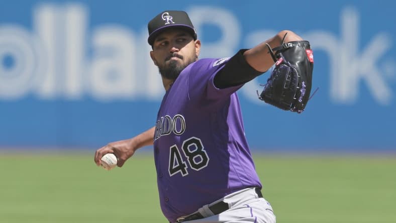 Apr 26, 2023; Cleveland, Ohio, USA; Colorado Rockies starting pitcher German Marquez (48) throws a pitch during the first inning against the Cleveland Guardians at Progressive Field. Mandatory Credit: Ken Blaze-USA TODAY Sports