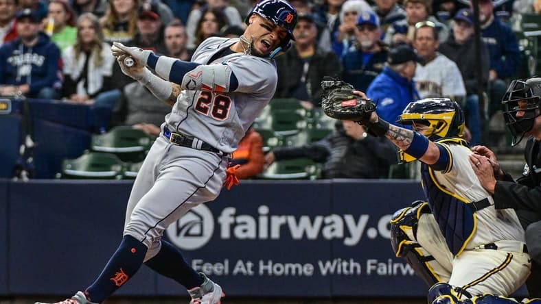 Apr 26, 2023; Milwaukee, Wisconsin, USA; Detroit Tigers shortstop Javier Baez (28) reacts after he was hit by a pitch in the first inning during game against the Milwaukee Brewers at American Family Field. Mandatory Credit: Benny Sieu-USA TODAY Sports