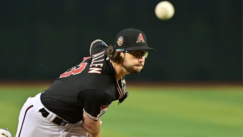 Apr 26, 2023; Phoenix, Arizona, USA; Arizona Diamondbacks starting pitcher Zac Gallen (23) throws in the first inning against the Kansas City Royals at Chase Field. Mandatory Credit: Matt Kartozian-USA TODAY Sports