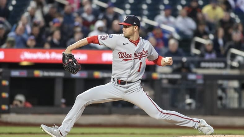 Apr 26, 2023; New York City, New York, USA;  Washington Nationals starting pitcher MacKenzie Gore (1) pitches in the second inning against the New York Mets at Citi Field. Mandatory Credit: Wendell Cruz-USA TODAY Sports