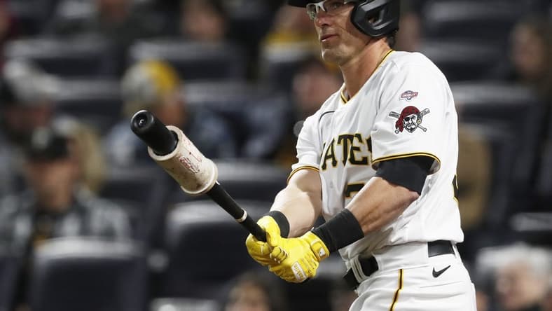 Apr 26, 2023; Pittsburgh, Pennsylvania, USA;  Pittsburgh Pirates pinch hitter Drew Maggi (39) prepares to bat against the Los Angeles Dodgers during the eighth inning at PNC Park. Maggi made his major league debut after spending 13 years and playing in 1,155 games in his  minor league career. The Pirates won 8-1. Mandatory Credit: Charles LeClaire-USA TODAY Sports