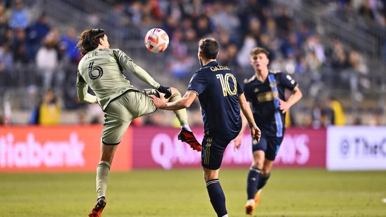 Apr 26, 2023; Chester, PA, USA; Los Angeles FC midfielder Ilie Sanchez (6) and Philadelphia Union midfielder Daniel Gazdag (10) battle for a loose ball in the first half at Subaru Park. Mandatory Credit: Kyle Ross-USA TODAY Sports