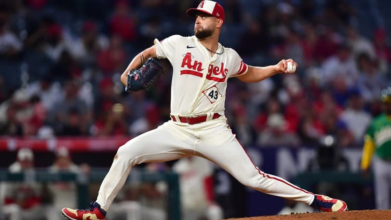 Apr 26, 2023; Anaheim, California, USA; Los Angeles Angels starting pitcher Patrick Sandoval (43) throws against the Oakland Athletics during the fourth inning at Angel Stadium. Mandatory Credit: Gary A. Vasquez-USA TODAY Sports