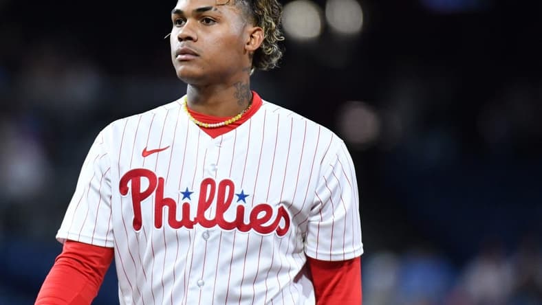 Apr 10, 2023; Philadelphia, Pennsylvania, USA; Philadelphia Phillies center fielder Cristian Pache (19) against the Miami Marlins at Citizens Bank Park. Mandatory Credit: Eric Hartline-USA TODAY Sports