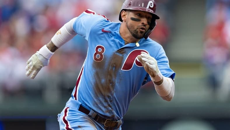 Apr 27, 2023; Philadelphia, Pennsylvania, USA; Philadelphia Phillies right fielder Nick Castellanos (8) runs the bases on his way to scoring during the second inning against the Seattle Mariners at Citizens Bank Park. Mandatory Credit: Bill Streicher-USA TODAY Sports