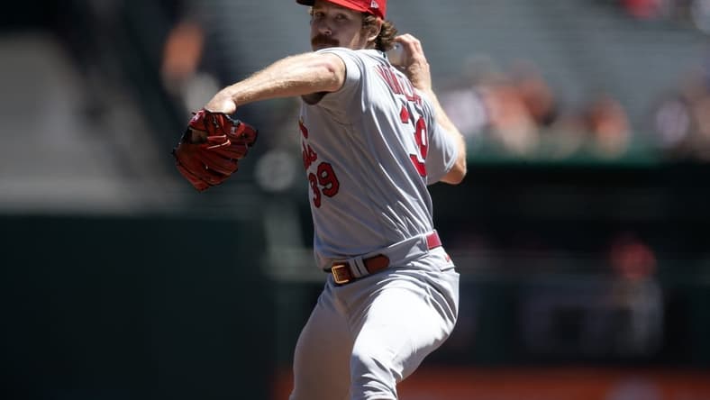 Apr 27, 2023; San Francisco, California, USA; St. Louis Cardinals starting pitcher Miles Mikolas (39) delivers a pitch against the San Francisco Giants during the first inning at Oracle Park. Mandatory Credit: D. Ross Cameron-USA TODAY Sports