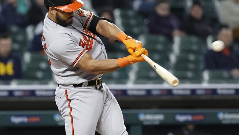 Apr 27, 2023; Detroit, Michigan, USA; Baltimore Orioles right fielder Anthony Santander (25) hits a two run home run in the seventh inning against the Detroit Tigers at Comerica Park. Mandatory Credit: Rick Osentoski-USA TODAY Sports