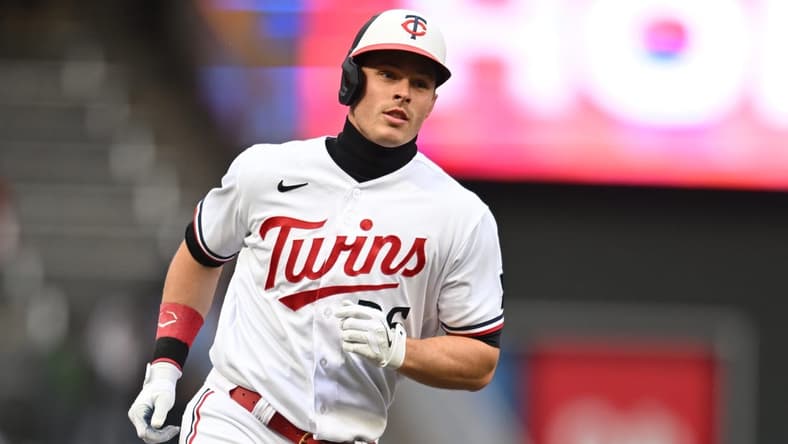 Apr 28, 2023; Minneapolis, Minnesota, USA; Minnesota Twins right fielder Max Kepler (26) rounds the bases after hitting a home run off Kansas City Royals starting pitcher Jordan Lyles (not pictured) during the first inning at Target Field. Mandatory Credit: Jeffrey Becker-USA TODAY Sports