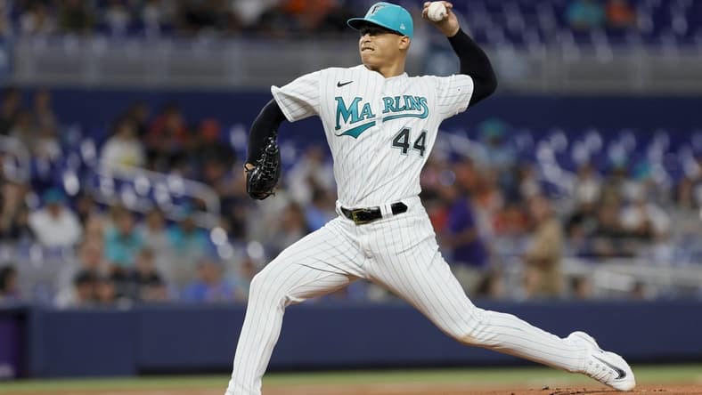 Apr 28, 2023; Miami, Florida, USA; Miami Marlins starting pitcher Jesus Luzardo (44) delivers a pitch during the first inning against the Chicago Cubs at loanDepot Park. Mandatory Credit: Sam Navarro-USA TODAY Sports