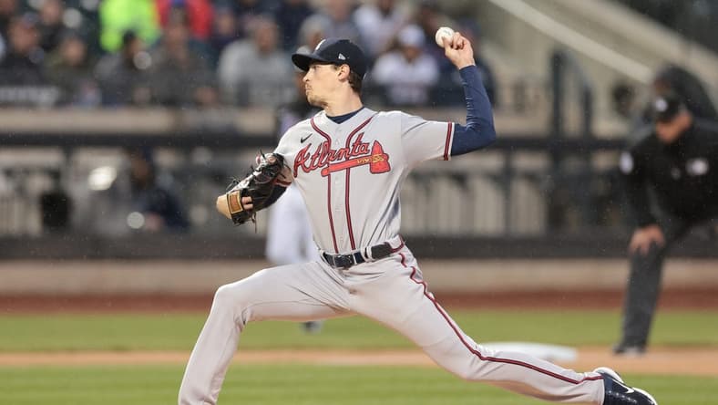 Apr 28, 2023; New York City, New York, USA; Atlanta Braves starting pitcher Max Fried (54) delivers a pitch during the first inning against the New York Mets at Citi Field. Mandatory Credit: Vincent Carchietta-USA TODAY Sports
