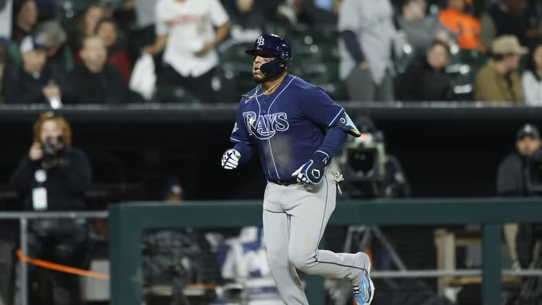 Apr 28, 2023; Chicago, Illinois, USA; Tampa Bay Rays third baseman Isaac Paredes (17) rounds the bases after hitting a solo home run against the Chicago White Sox during the ninth inning at Guaranteed Rate Field. Mandatory Credit: Kamil Krzaczynski-USA TODAY Sports