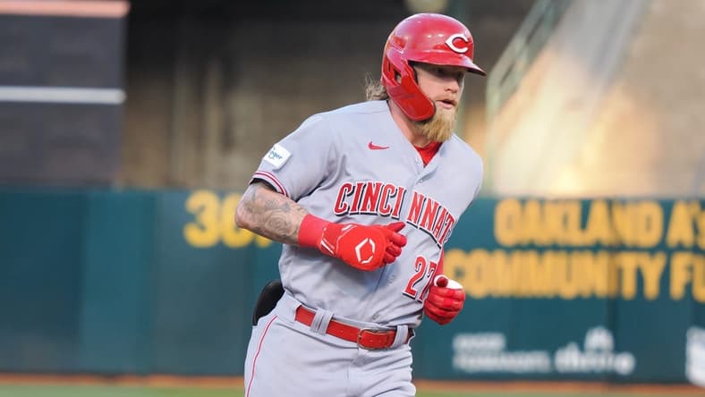 Apr 28, 2023; Oakland, California, USA; Cincinnati Reds outfielder Jake Fraley (27) rounds the bases on a two-run home run against the Oakland Athletics during the third inning at Oakland Coliseum. Mandatory Credit: Kelley L Cox-USA TODAY Sports
