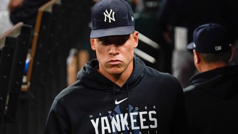 Apr 28, 2023; Arlington, Texas, USA; New York Yankees center fielder Aaron Judge (99) sits in the dugout during during the eighth inning against the Texas Rangers at Globe Life Field. Mandatory Credit: Raymond Carlin III-USA TODAY Sports