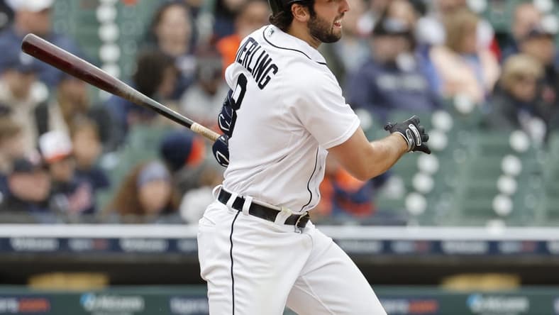 Apr 29, 2023; Detroit, Michigan, USA;  Detroit Tigers right fielder Matt Vierling (8) hits an RBI double in the third inning against the Baltimore Orioles at Comerica Park. Mandatory Credit: Rick Osentoski-USA TODAY Sports