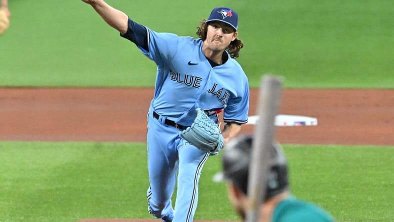 Apr 29, 2023; Toronto, Ontario, CAN; Toronto Blue Jays starting pitcher Kevin Gausman (34) delivers a pitch against the Seattle Mariners in the first inning at Rogers Centre. Mandatory Credit: Dan Hamilton-USA TODAY Sports