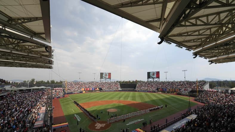 Apr 29, 2023; Mexico City, Mexico; A general overall view of the playing of the Mexican national anthem during a MLB World Tour game between the San Diego Padres and the San Francisco Giants at Estadio Alfredo Harp Helu. Mandatory Credit: Kirby Lee-USA TODAY Sports