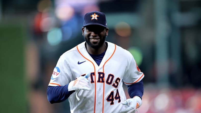 Apr 29, 2023; Houston, Texas, USA; Houston Astros designated hitter Yordan Alvarez (44) prior to the game against the Philadelphia Phillies at Minute Maid Park. Mandatory Credit: Erik Williams-USA TODAY Sports