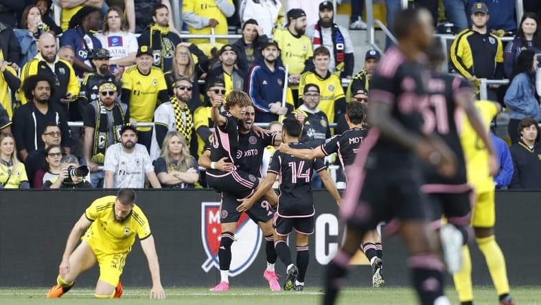 Apr 29, 2023; Columbus, Ohio, USA; Inter Miami CF forward Leonardo Campana (9) celebrates after scoring a opening goal during the first half at Lower.com Field. Mandatory Credit: Joseph Maiorana-USA TODAY Sports