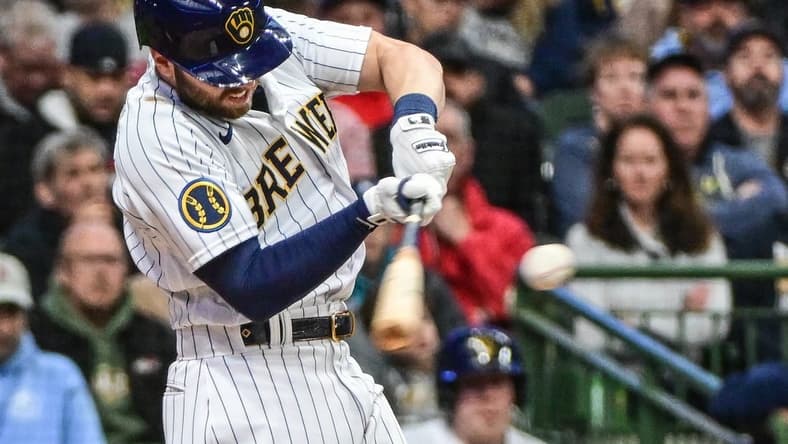 Apr 29, 2023; Milwaukee, Wisconsin, USA; Milwaukee Brewers second baseman Owen Miller (6) hits a double against the Los Angeles Angels in the third inning at American Family Field. Mandatory Credit: Benny Sieu-USA TODAY Sports