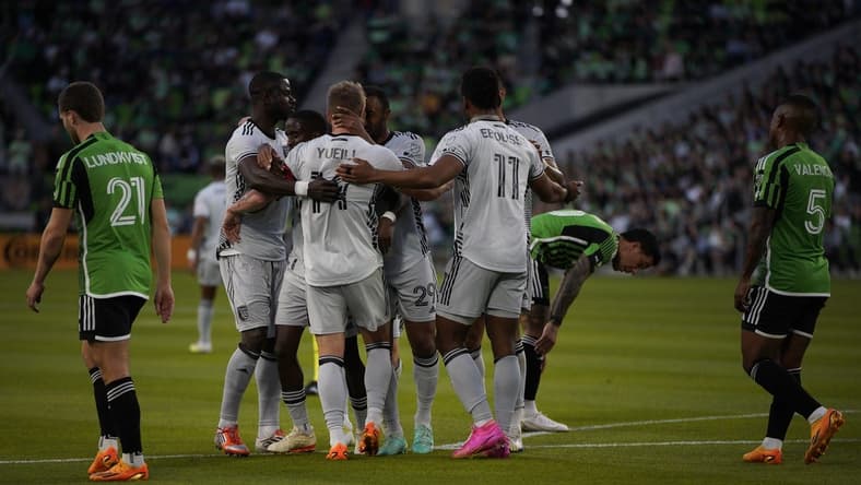 Apr 29, 2023; Austin, Texas, USA; San Jose Earthquakes midfielder Jackson Yueill (14) celebrates with teammates after scoring a goal against against the Austin FC on April 29, 2023 at Q2 Stadium. Mandatory Credit: Dustin Safranek-USA TODAY Sports