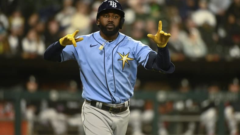Apr 29, 2023; Chicago, Illinois, USA; Tampa Bay Rays left fielder Randy Arozarena (56) after he hits a three run home run against the Chicago White Sox during the seventh inning at Guaranteed Rate Field. Mandatory Credit: Matt Marton-USA TODAY Sports