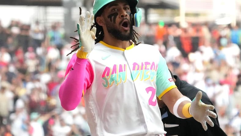 Apr 29, 2023; Mexico City, Mexico; (Editors Notes: Caption Correction) San Diego Padres right fielder Fernando Tatis Jr. (23) celebrates after hitting a home run against the San Francisco Giants in the fifth inning during a MLB World Tour game at Estadio Alfredo Harp Helu. Mandatory Credit: Kirby Lee-USA TODAY Sports